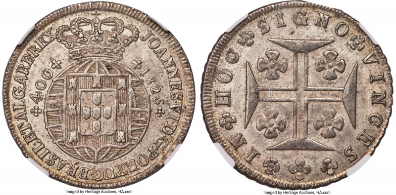 João VI 400 Reis 1825 MS65 NGC, Lisbon mint, KM358. From a fleeting key-date iss...