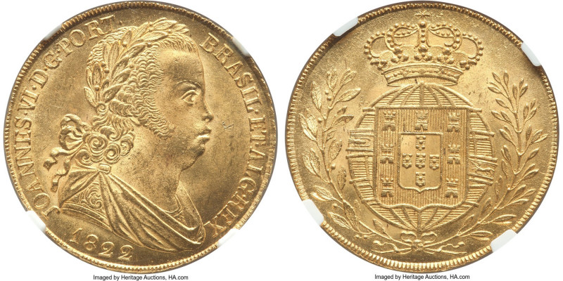 João VI gold 6400 Reis (Peça) 1822 MS64+ NGC, Lisbon mint, KM364, Fr-128. A subl...