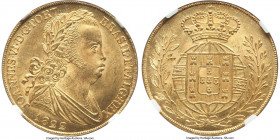 João VI gold 6400 Reis (Peça) 1822 MS64+ NGC, Lisbon mint, KM364, Fr-128. A sublime offering with noted eye appeal stemming from the precise execution...