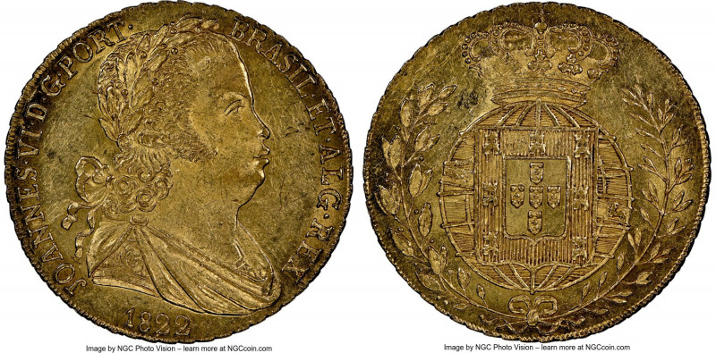 João VI gold 6400 Reis (Peça) 1822 MS62 NGC, Lisbon mint, KM364. A beautiful spe...