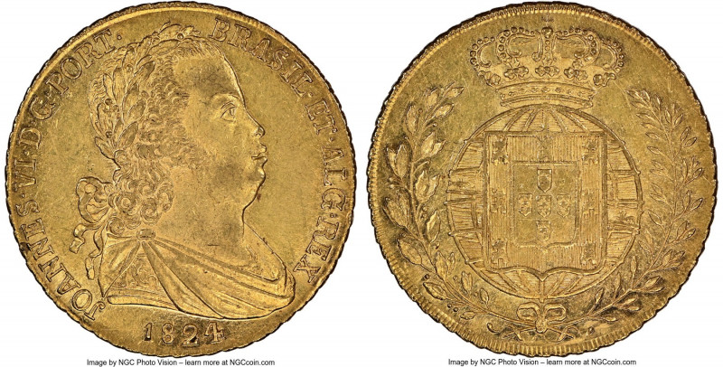 João VI gold 6400 Reis (Peça) 1824 AU58 NGC, Libson mint, KM364, Gomes-18.27. 15...