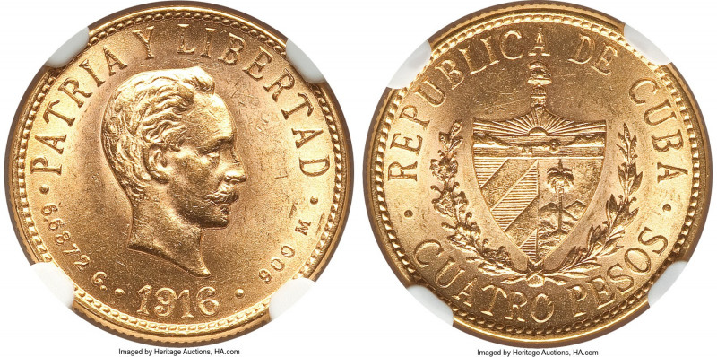 Republic gold 4 Pesos 1916 MS64 NGC, Philadelphia mint, KM18. Two year type. An ...