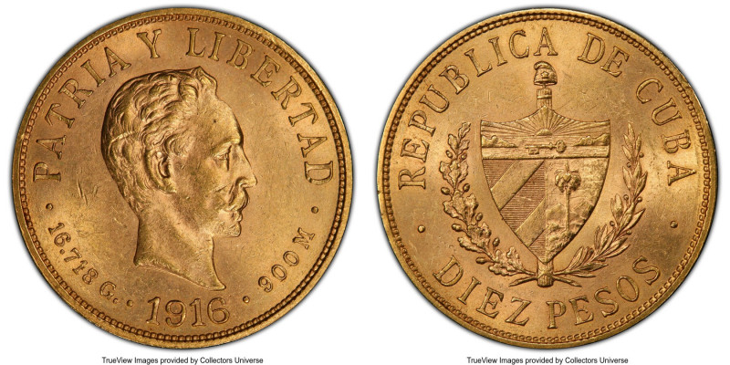 Republic gold 10 Pesos 1916 MS63 PCGS, Philadelphia mint, KM20. This champagne-t...