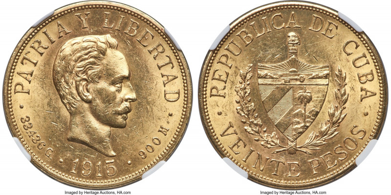 Republic gold 20 Pesos 1915 MS61 NGC, Philadelphia mint, KM21. A popular one yea...