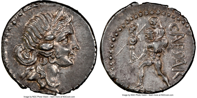 Julius Caesar, as Dictator (49-44 BC). AR denarius (18mm, 3.87 gm, 5h). NGC AU 5...