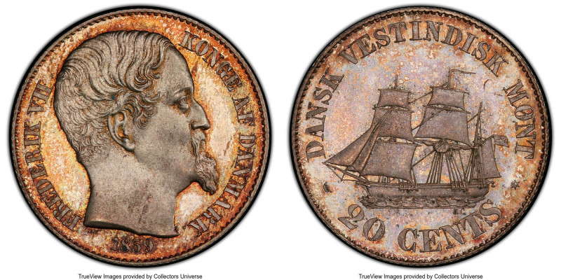 Danish Colony. Frederick VII Prooflike 20 Cents 1859-(c) PL65 PCGS, Copenhagen m...