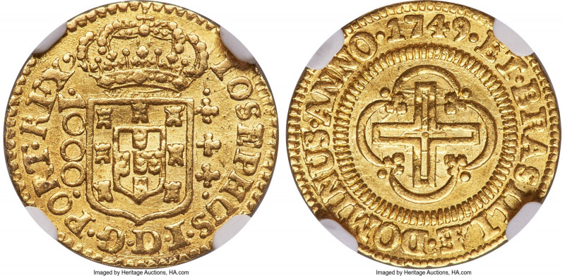 Jose I gold "Reversed D" 1000 Reis 1749-(L) AU55 NGC, Lisbon mint, KM161, LMB-29...