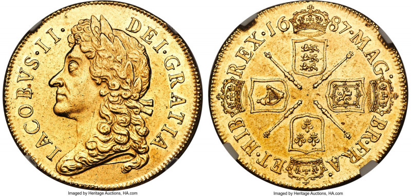 James II gold 2 Guineas 1687 MS61 NGC, KM464, S-3399, Schneider-454. An imposing...