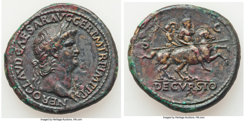 Nero (AD 54-68). AE sestertius (35mm, 29.11 gm, 6h). About XF, tooled. Rome, ca....