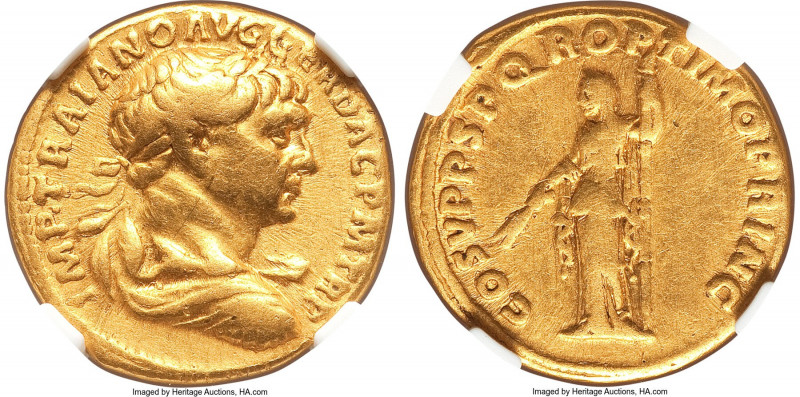 Trajan (AD 98-117). AV aureus (19mm, 7.20 gm, 7h). NGC VF 5/5 - 2/5, brushed. Ro...