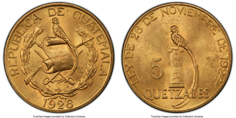 Republic gold 5 Quetzales 1926-(P) MS64 PCGS, Philadelphia mint, KM244. Charming...