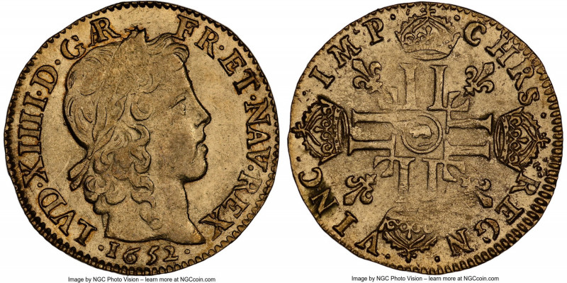 Louis XIV gold Louis d'Or 1652-(rat) MS61 NGC, Lyon mint, KM157.2, Gad-245 (R2)....