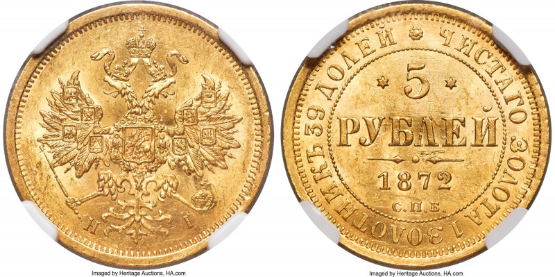 Alexander II gold 5 Roubles 1872 CПБ-HI MS62 NGC, St. Petersburg mint, KM-YB26, ...