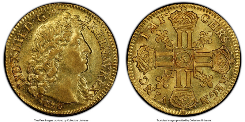 Louis XIV gold Louis d'Or 1680-A MS63 PCGS, Paris mint, KM236.1, Gad-248. A very...