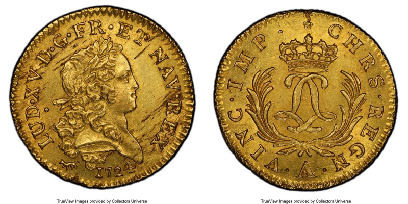 Louis XV gold Louis d'Or Mirliton 1724-A MS62 PCGS, Paris mint, KM470.1, Gad-339...