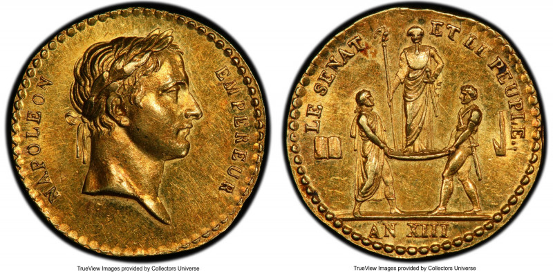 Napoleon gold "Coronation" Medal L'An XIII (1804) MS62 PCGS, Bram-329. 14mm. 1.8...