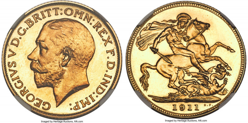 George V gold Proof Sovereign 1911 PR67 NGC, KM820, S-3996. Mintage: 3,764. A la...