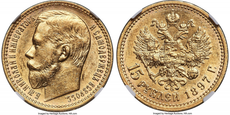 Nicholas II gold 15 Roubles 1897-AΓ MS62 NGC, St. Petersburg mint, KM-Y65.2, Bit...