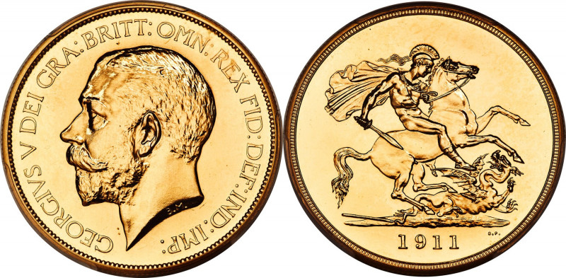 George V gold Proof 5 Pounds 1911 PR65 PCGS, KM822, S-3994, W&R-414. Mintage: 2,...