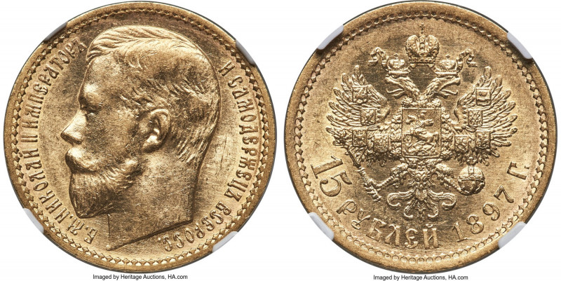 Nicholas II gold 15 Roubles 1897-AΓ MS62 NGC, St. Petersburg mint, KM-Y65.2, Bit...