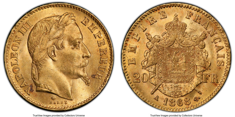 Napoleon III gold 20 Francs 1868-A MS65 PCGS, Paris mint, KM801.1, Gad-1062. An ...