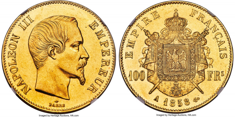 Napoleon III gold 100 Francs 1858-A MS61 NGC, Paris mint, KM786.1, Gad-1135. A s...