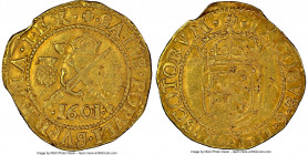 James VI (I) gold 1/2 Sword & Scepter 1601 AU50 NGC, Edinburgh mint, Eighth coinage, KM19, S-5462. 2.49gm. A gently handled survivor of this fractiona...