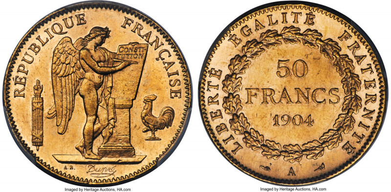 Republic gold 50 Francs 1904-A MS63 PCGS, Paris mint, KM831, Fr-591, Gad-1113. A...