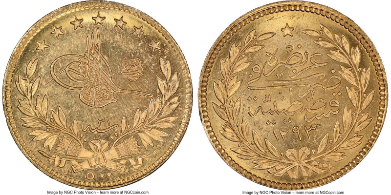 Ottoman Empire. Abdul Hamid II gold 500 Kurush AH 1293 Year 31 (1906/1907) MS64 ...