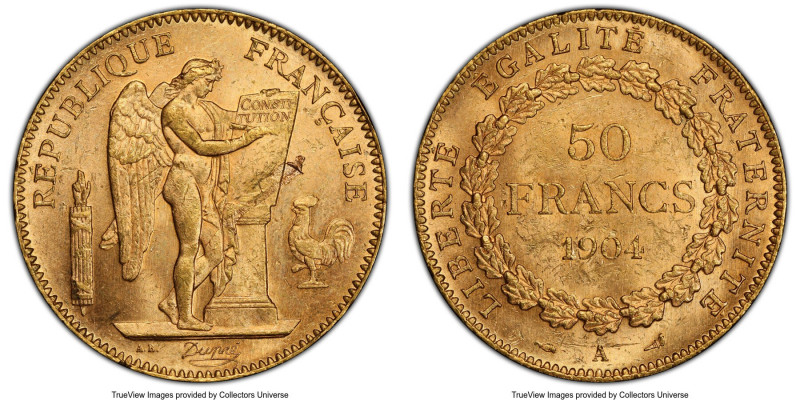 Republic gold 50 Francs 1904-A MS62 PCGS, Paris mint, KM831, F-549, Gad-1113. Mi...