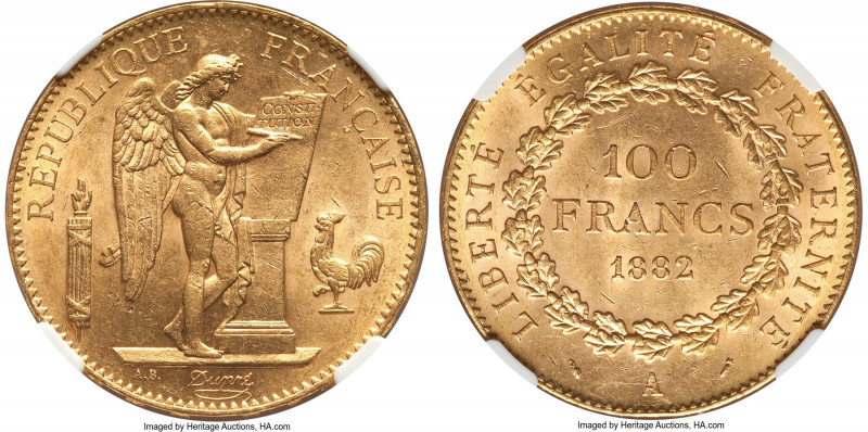 Republic gold 100 Francs 1882-A MS62 NGC, Paris mint, KM832, Fr-552. An appealin...