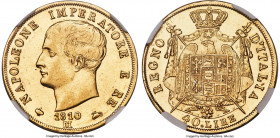 Kingdom of Napoleon. Napoleon I gold 40 Lire 1810-M AU58 NGC, Milan mint, KM12. A confident survivor on the cusp of Mint State preservation, dressed i...