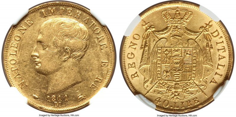 Kingdom of Napoleon. Napoleon I gold 40 Lire 1811/09-M AU55 NGC, Milan mint, KM1...