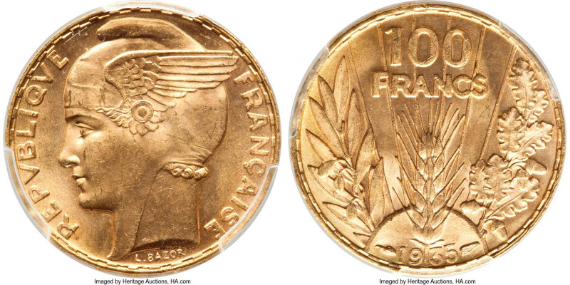 Republic gold "Bazor" 100 Francs 1935 MS65 PCGS, Paris mint, KM880, Gad-1148, F-...