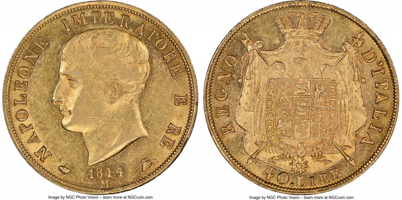 Kingdom of Napoleon. Napoleon I gold 40 Lire 1814-M MS61 NGC, Milan mint, KM12. ...