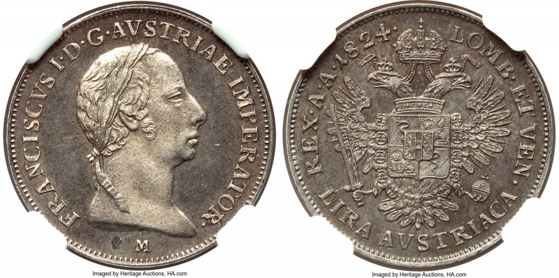 Lombardy-Venetia. Franz I Lira 1824-M MS65 S NGC, Milan mint, KM-C6.2. The only ...