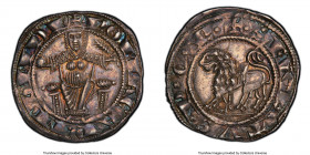 Papal States. Roman Senate Grosso ND (1263-1284) MS62 PCGS, B-110. + ROMA CAPVT MVNDI Roma on throne seated facing, holding globus and palm frond / + ...