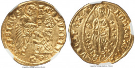 Papal States. Roman Senate gold Ducat ND (1350-1439) MS65 NGC, Fr-2, CNI-XVa 628var. 22mm. 3.51gm. S • PЄTRVS • | ΛTOR VRBIS, sematpr kneeling left be...