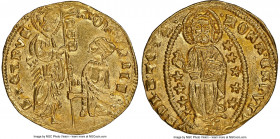 Papal States. Roman Senate gold Ducat ND (1350-1439) MS63 NGC, Fr-2. 3.48gm. 3rd Period. S • PЄTRVS • | ΛTOR VRBIS, doge kneeling left before St. Pete...