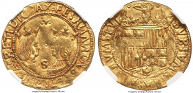 Ferdinand & Isabella (1476-1516) gold 2 Excelentes ND (from 1497)-S XF40 NGC, Seville mint, Cal-733. An unusually well-centered example of this genera...