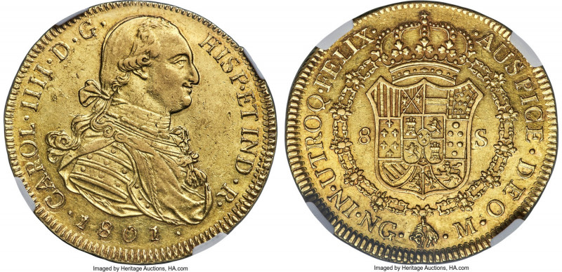 Charles IV gold 8 Escudos 1801/797 NG-M MS61 NGC, Nueva Guatemala mint, KM58, Ca...