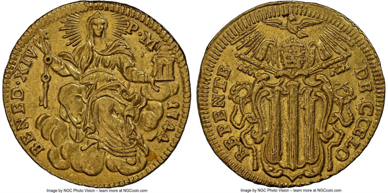 Papal States. Benedict XIV gold Zecchino 1744 MS61 NGC, Rome mint, KM943. 3.38gm...