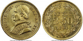 Papal States. Pius IX gold 2-1/2 Scudi Anno XVI (1861)-R MS65 NGC, Rome mint, KM1117. The second finest example known for this date in the certified p...