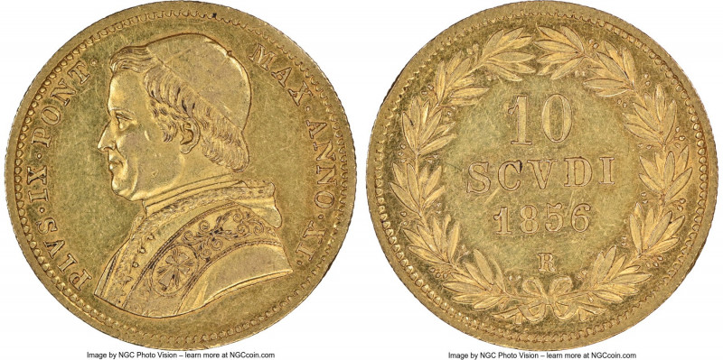 Papal States. Pius IX gold 10 Scudi Anno XI (1856)-R AU58 NGC, Rome mint, KM1125...