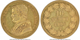 Papal States. Pius IX gold 10 Scudi Anno XI (1856)-R AU58 NGC, Rome mint, KM1125. An inviting example rendered in harvest-gold fields, emphasized by a...