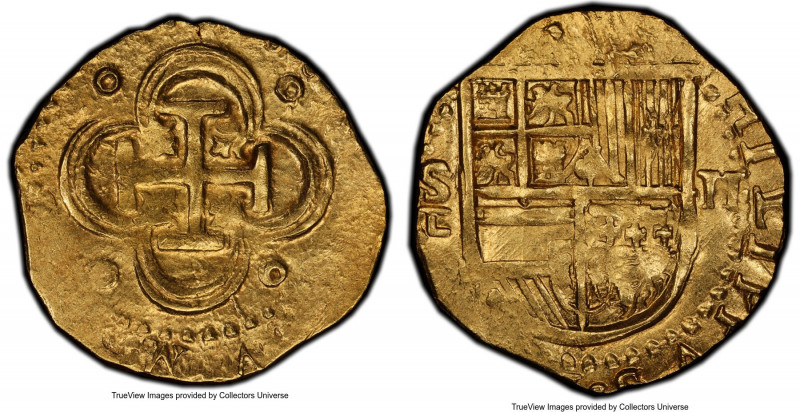 Philip II gold Cob 2 Escudos (1566-1587) S-D MS62 PCGS, Seville mint, Cal-Type 2...