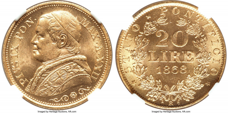 Papal States. Pius IX gold 20 Lire Anno XXIII (1868)-R MS65 NGC, Rome mint, KM13...