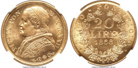 Papal States. Pius IX gold 20 Lire Anno XXIII (1868)-R MS65 NGC, Rome mint, KM1382.3. This gem offering features watery surfaces on which ripples of b...