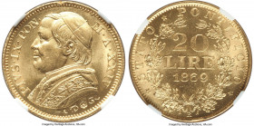 Papal States. Pius IX gold 20 Lire Anno XXIV (1869)-R MS66 NGC, Rome mint, KM1382.4. Soft yellow gem with velveteen surfaces and flashes of luster. 

...