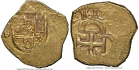 Philip III gold Cob Escudo 1610 S-B AU55 NGC, Seville mint, KM42.2, Cal-1018, Cay-4967, Oro Macuquino-59. 3.36gm. Highly unevenly struck, and yet boas...